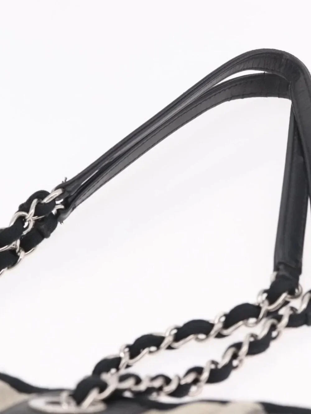 CHANEL Deauville Line Chain Tote Bag Canvas Gray Silver CC Auth bs35696